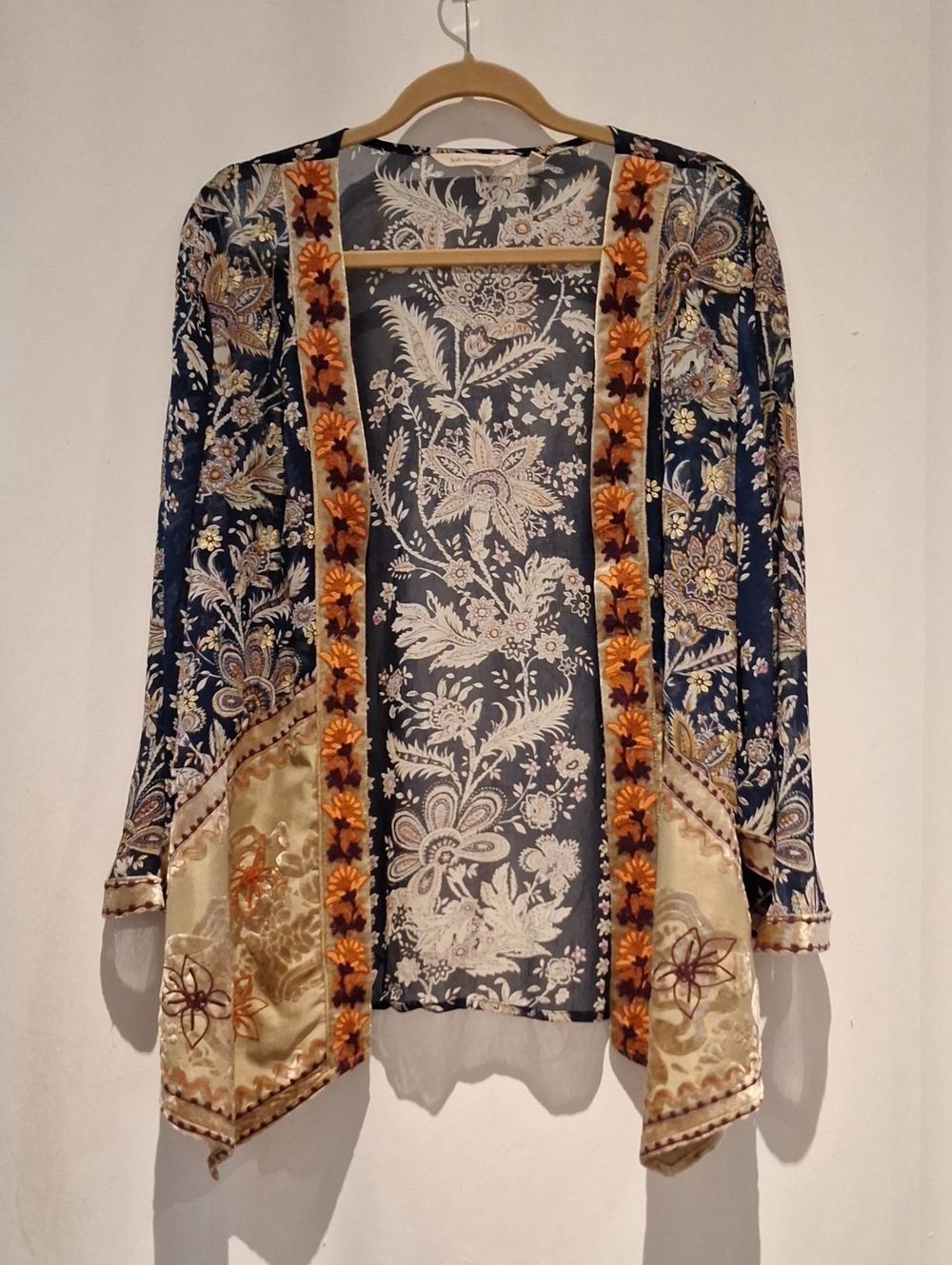 Soft Surroundings Boho Floral Navy and Gold Open Front Women's Kimono